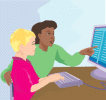 This is an image of a parent looking at the computer with a child.